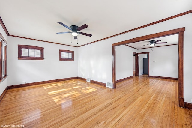 1633 S 18th Ave, Maywood, IL 60153 - empty room featuring ceiling fan, light wood-style flooring, baseboards, and ornamental molding