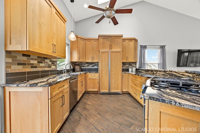 315 Churchill Ln, Aurora, IL 60504 - kitchen with paneled fridge, dishwasher, a sink, ceiling fan, and high vaulted ceiling