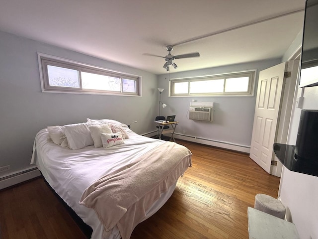 2014 W 111th St Unit 2N, Chicago, IL 60643 - bedroom with baseboard heating, wood finished floors, a ceiling fan, and a wall mounted AC