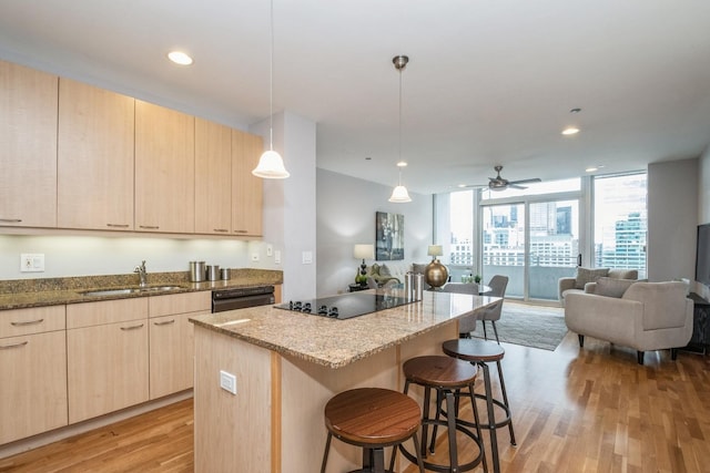 kitchen with a sink, light brown cabinets, black appliances, open floor plan, and floor to ceiling windows