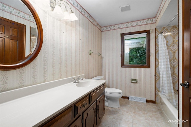 42W325 Jens Jensen Ln, Saint Charles, IL 60175 - bathroom with toilet, vanity, shower / bath combination with curtain, tile patterned floors, and baseboards