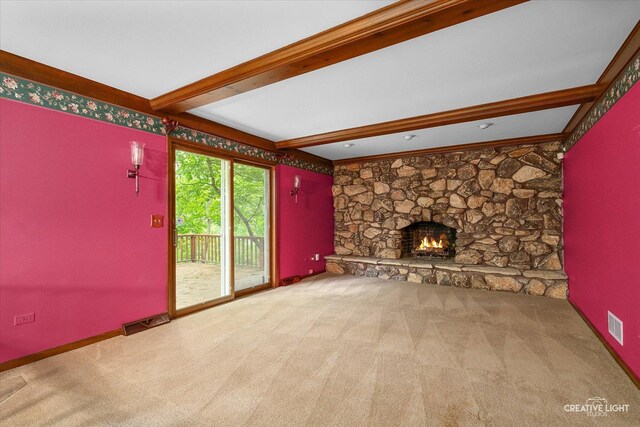42W325 Jens Jensen Ln, Saint Charles, IL 60175 - unfurnished living room featuring carpet floors, beamed ceiling, a fireplace, and ornamental molding