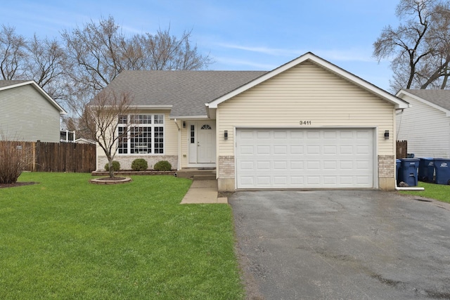 single story home with asphalt driveway, brick siding, an attached garage, and roof with shingles