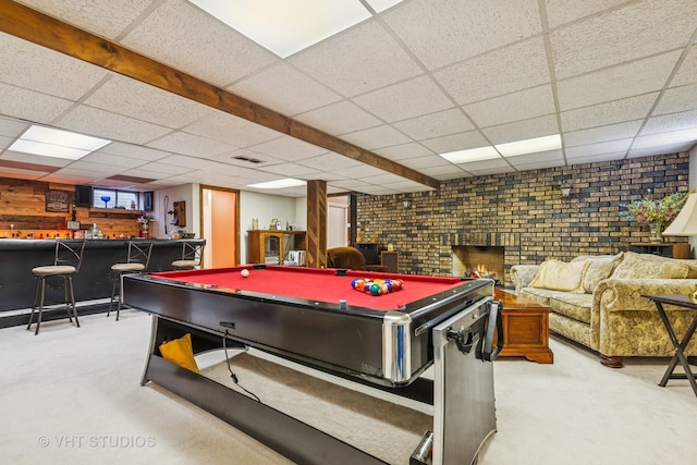354 Richmond Ln, Lakewood, IL 60014 - recreation room with a paneled ceiling, carpet, bar, billiards table, and brick wall