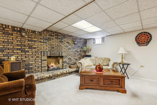 354 Richmond Ln, Lakewood, IL 60014 - carpeted living room featuring a drop ceiling and a fireplace