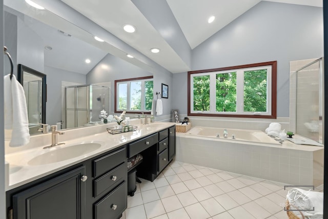 480 De Lasalle Ave, Naperville, IL 60565 - full bath featuring vaulted ceiling, a garden tub, double vanity, a stall shower, and recessed lighting