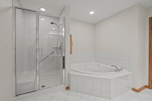 12195 Oxford Ct, Lemont, IL 60439 - full bathroom with tile patterned flooring, a bath, a shower stall, baseboards, and recessed lighting