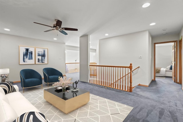 12195 Oxford Ct, Lemont, IL 60439 - living room with recessed lighting, a ceiling fan, carpet, and baseboards