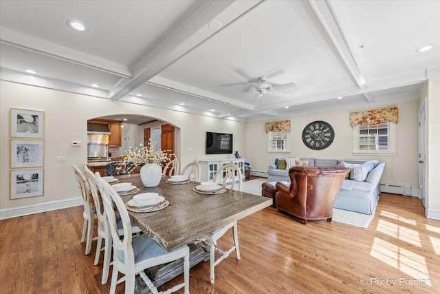 705 Hunter Rd, Glenview, IL 60025 - dining area featuring baseboard heating, arched walkways, baseboards, light wood-type flooring, and coffered ceiling