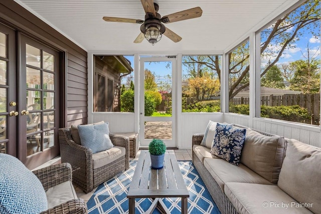 705 Hunter Rd, Glenview, IL 60025 - sunroom / solarium featuring ceiling fan, an outdoor living space, and french doors