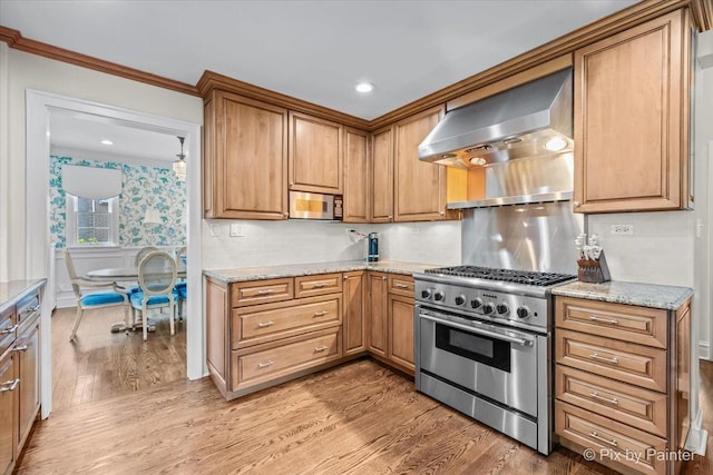705 Hunter Rd, Glenview, IL 60025 - kitchen featuring stainless steel appliances, wall chimney range hood, light wood finished floors, light stone countertops, and ornamental molding