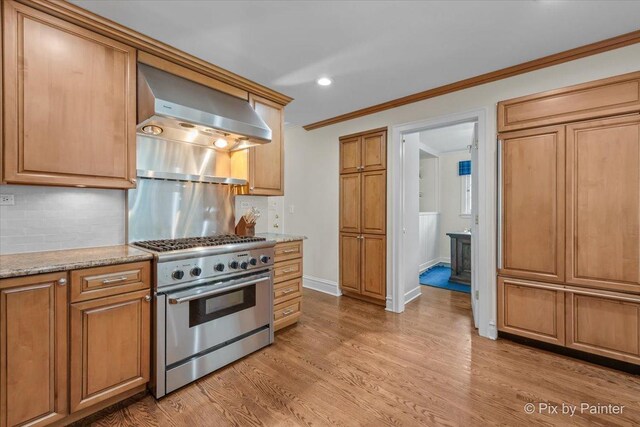 705 Hunter Rd, Glenview, IL 60025 - kitchen with high end stainless steel range oven, wall chimney exhaust hood, light wood-type flooring, crown molding, and decorative backsplash