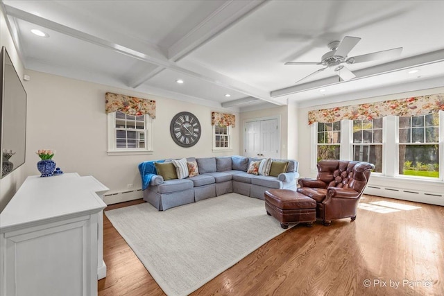705 Hunter Rd, Glenview, IL 60025 - living room featuring a baseboard heating unit, light wood-style floors, beamed ceiling, ceiling fan, and recessed lighting
