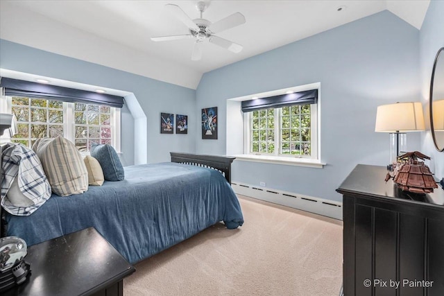 705 Hunter Rd, Glenview, IL 60025 - carpeted bedroom featuring a baseboard heating unit, lofted ceiling, and a ceiling fan