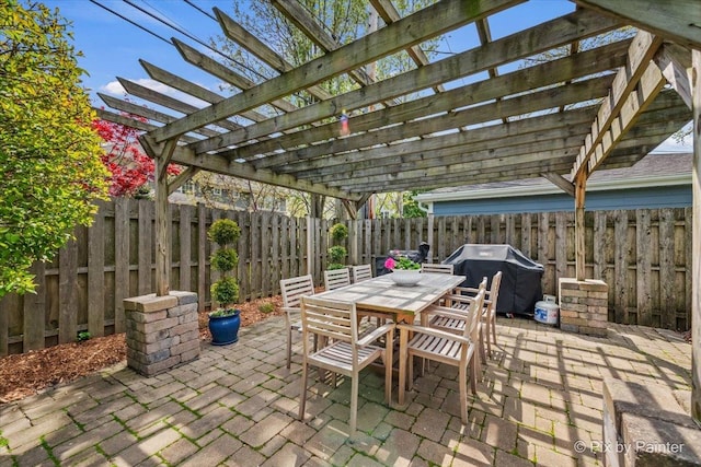 705 Hunter Rd, Glenview, IL 60025 - view of patio / terrace featuring area for grilling, outdoor dining area, a fenced backyard, and a pergola