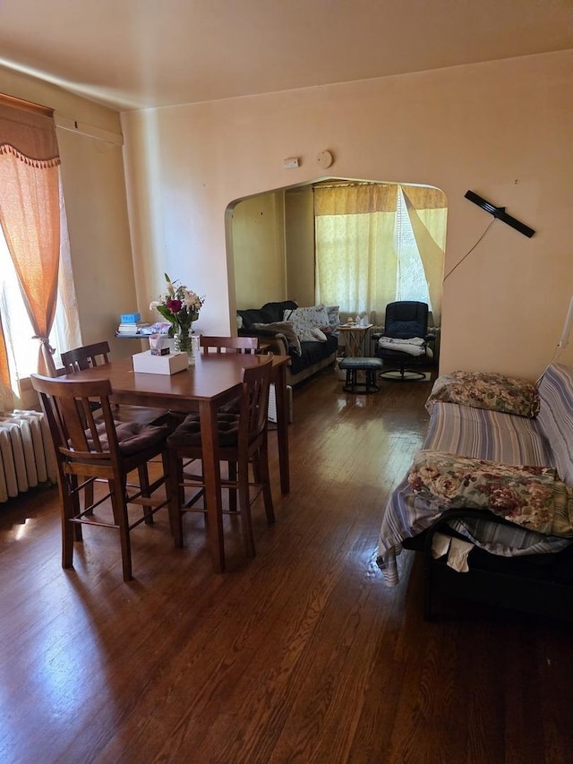 dining area with arched walkways, wood finished floors, healthy amount of natural light, and radiator heating unit