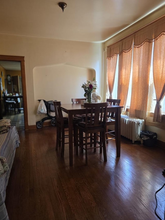 dining space with radiator and dark wood finished floors