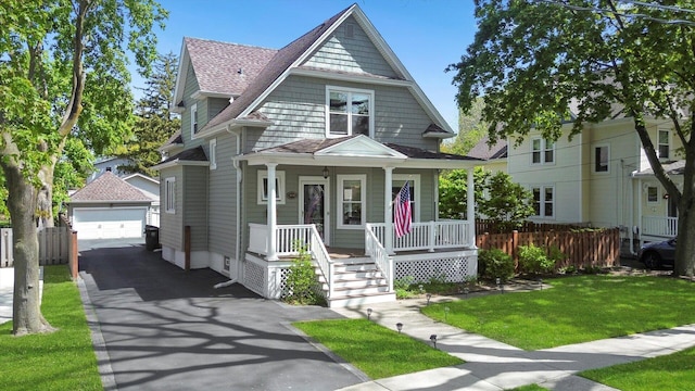 view of front of property with a garage, covered porch, an outdoor structure, and roof with shingles