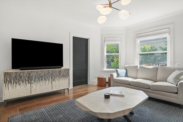 living room featuring a chandelier, crown molding, and wood finished floors