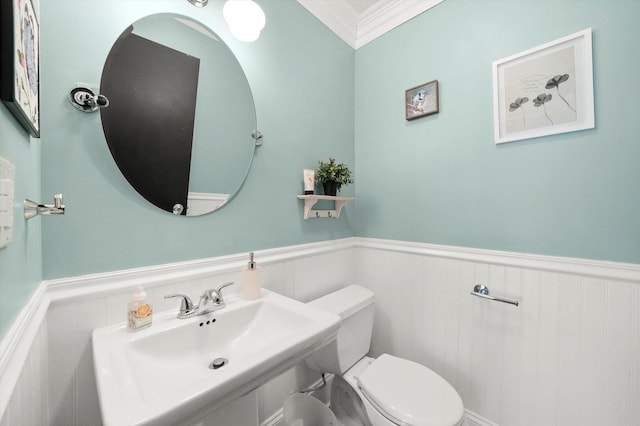 bathroom with a sink, a wainscoted wall, toilet, and crown molding