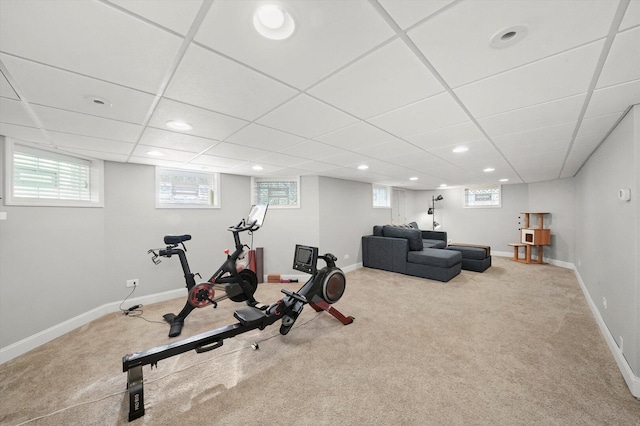 workout room with carpet floors, baseboards, recessed lighting, plenty of natural light, and a drop ceiling