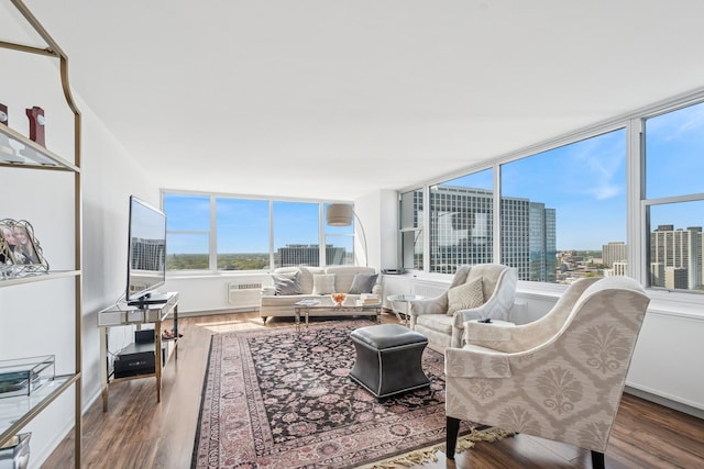 living room featuring wood finished floors, a wall mounted air conditioner, a view of city, and baseboards