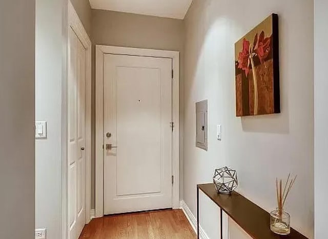 doorway with light wood finished floors and electric panel