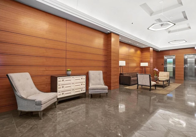 lobby with wood walls
