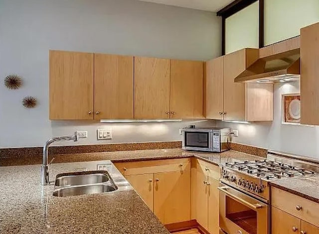 kitchen with stainless steel appliances, a sink, light brown cabinetry, and stone counters