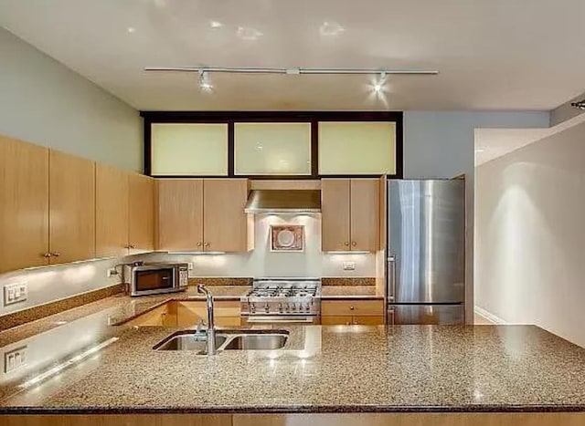 kitchen featuring appliances with stainless steel finishes, a sink, wall chimney exhaust hood, rail lighting, and dark stone counters