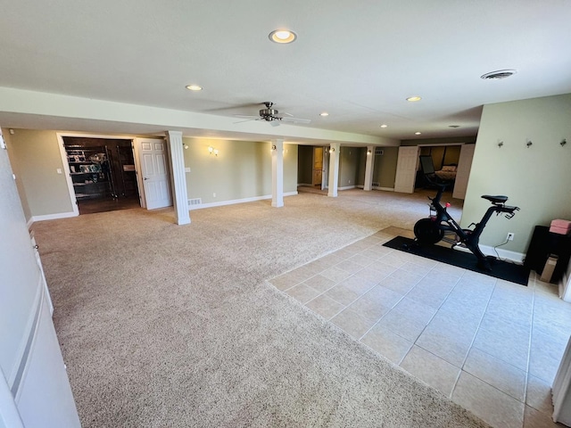 living room featuring light colored carpet, recessed lighting, and baseboards