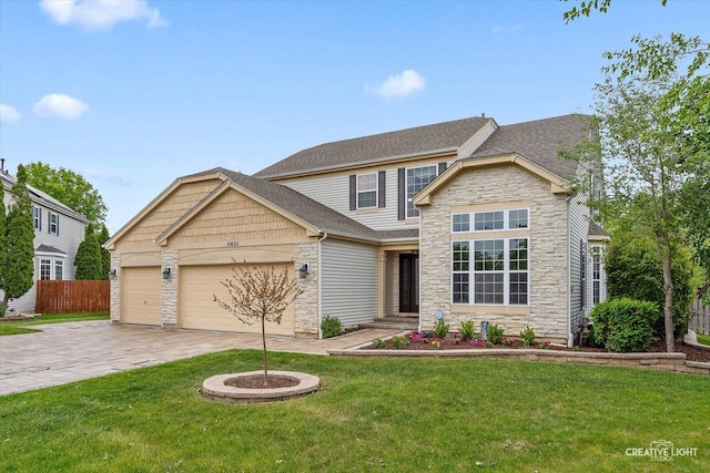 10650 Painted Desert Ct, Huntley, IL 60142 - view of front of home with stone siding, decorative driveway, an attached garage, and roof with shingles