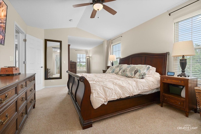 10650 Painted Desert Ct, Huntley, IL 60142 - bedroom featuring light carpet, vaulted ceiling, a ceiling fan, and baseboards