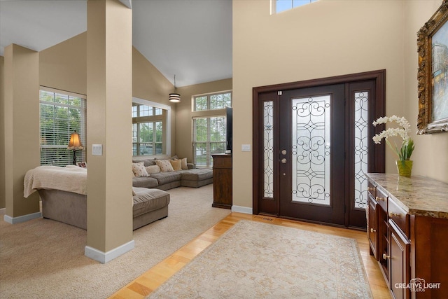 10650 Painted Desert Ct, Huntley, IL 60142 - entrance foyer with high vaulted ceiling, healthy amount of natural light, baseboards, and light wood-style flooring