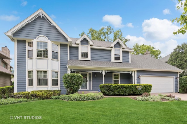 16 Rock River Ct, Naperville, IL 60565 - view of front of house featuring an attached garage, driveway, a front lawn, and a chimney
