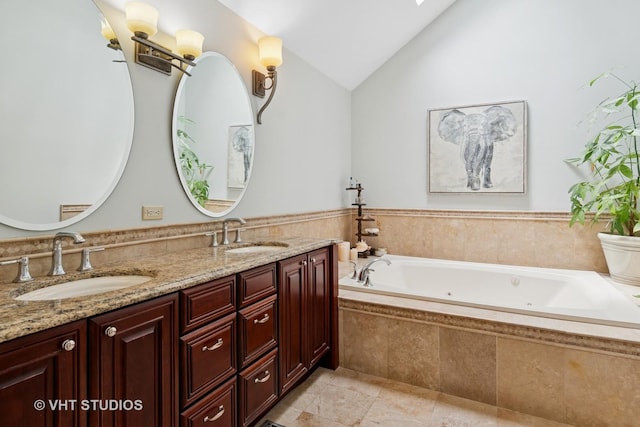 16 Rock River Ct, Naperville, IL 60565 - full bath featuring a jetted tub, double vanity, vaulted ceiling, and toilet