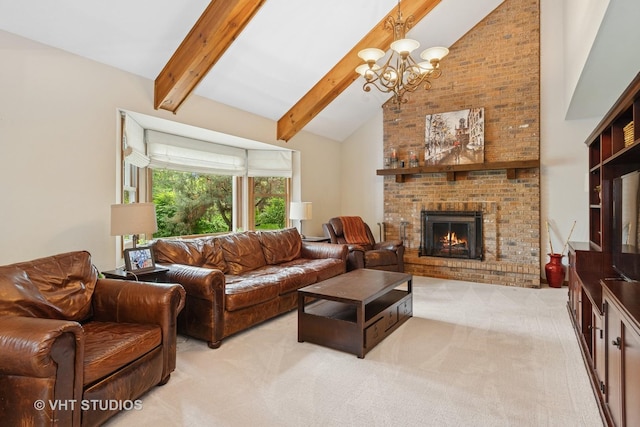 16 Rock River Ct, Naperville, IL 60565 - carpeted living room featuring a brick fireplace, high vaulted ceiling, a chandelier, and beam ceiling