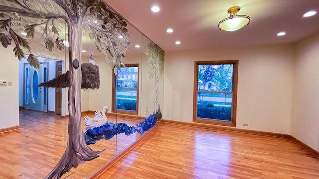 exercise area featuring wood finished floors, baseboards, and recessed lighting