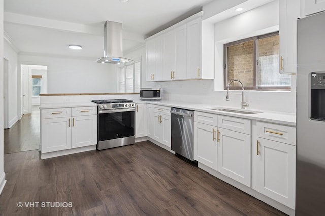 5814 N Campbell Ave, Chicago, IL 60659 - kitchen featuring stainless steel appliances, island exhaust hood, a peninsula, light countertops, and white cabinetry