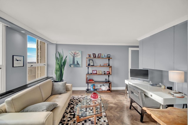 2626 N Lakeview Ave Unit 2703, Chicago, IL 60614 - living room featuring baseboards, ornamental molding, and an office area
