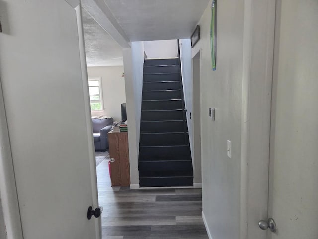 stairs featuring wood finished floors and baseboards