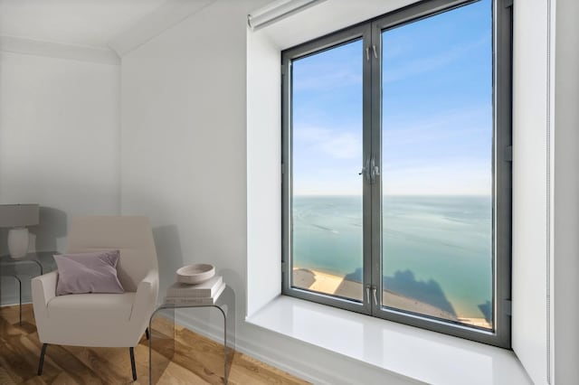 living area with a water view, wood finished floors, and baseboards