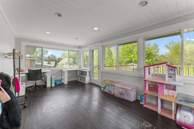 sunroom with recessed lighting, wooden ceiling, and wood finished floors