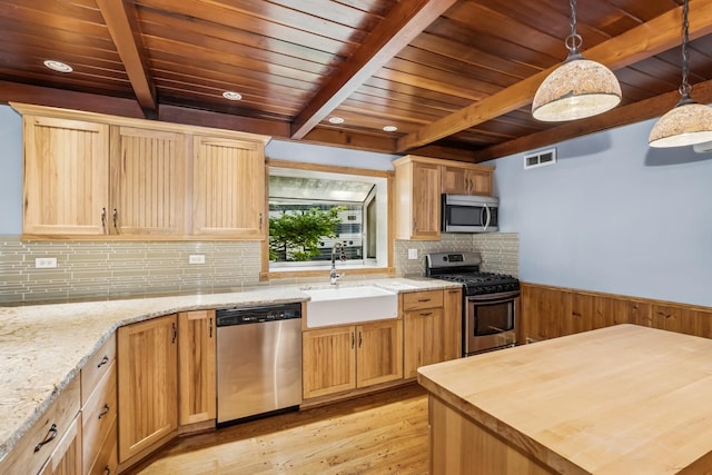 715 Root St, New Lenox, IL 60451 - kitchen featuring stainless steel appliances, a sink, wooden ceiling, light wood-style flooring, and beamed ceiling