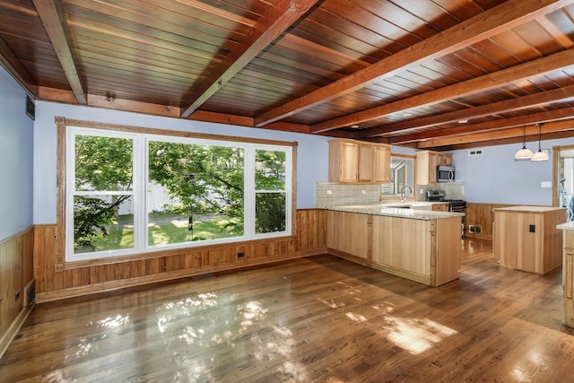 715 Root St, New Lenox, IL 60451 - kitchen with a peninsula, light brown cabinetry, stainless steel appliances, beam ceiling, and dark wood-type flooring