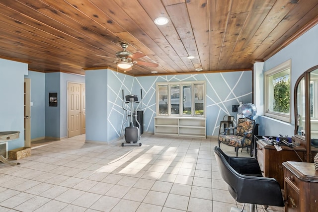715 Root St, New Lenox, IL 60451 - living area with crown molding, tile patterned flooring, wood ceiling, ceiling fan, and recessed lighting