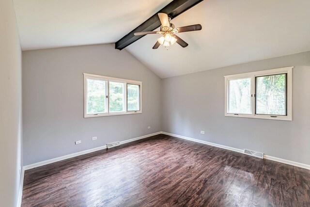 unfurnished room with dark wood-style flooring, ceiling fan, and baseboards