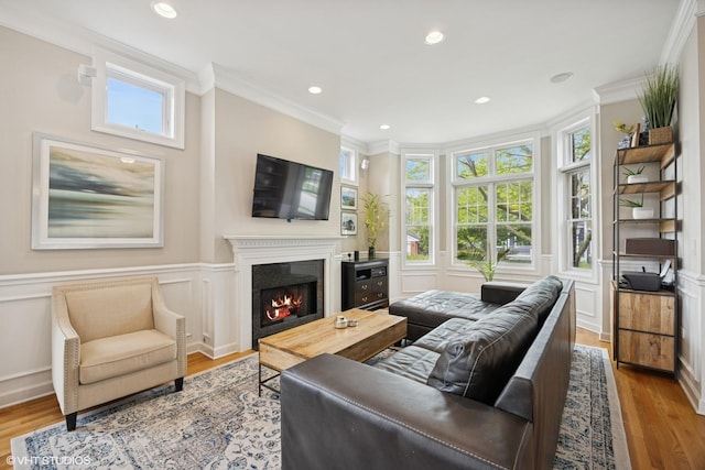 209 S Evergreen Ave, Arlington Heights, IL 60005 - living room with crown molding, a decorative wall, wood finished floors, a warm lit fireplace, and wainscoting