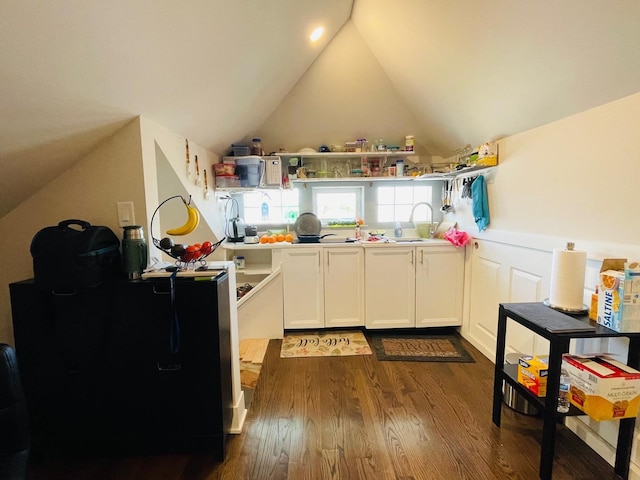 4623 S Harding Ave, Chicago, IL 60632 - kitchen featuring open shelves, lofted ceiling, dark wood-style flooring, wainscoting, and light countertops