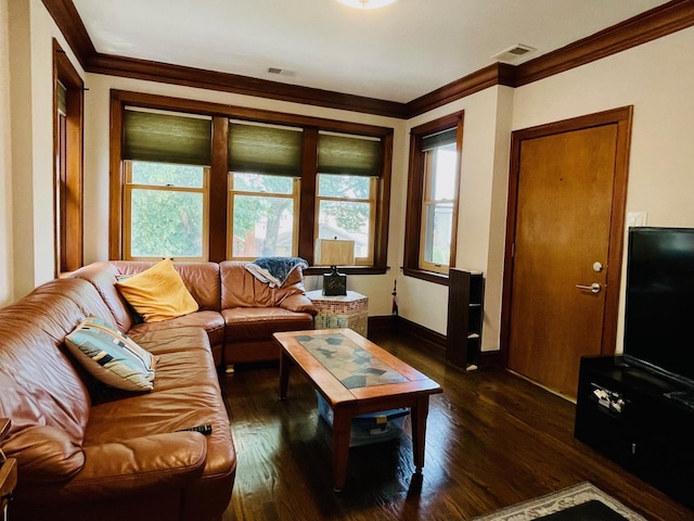 4623 S Harding Ave, Chicago, IL 60632 - living room with ornamental molding, dark wood-style floors, and baseboards